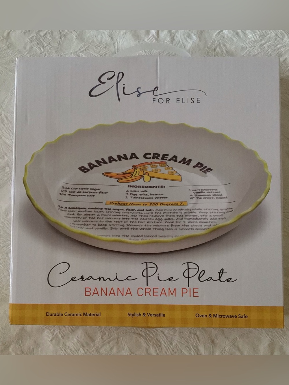 Elise For Elise Ceramic Pie Plate Banana Cream Pie Recipe Dish 10.5" NIB